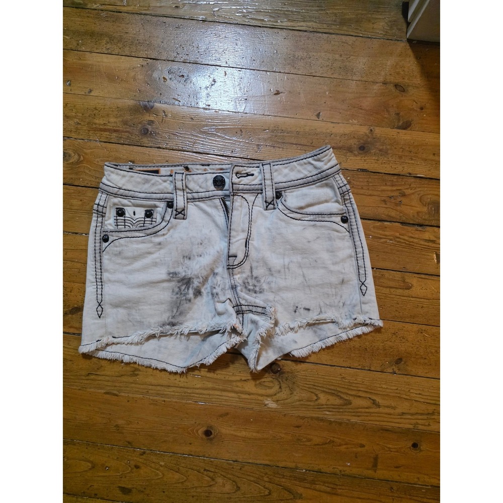 Rock Revival Womens White Black Acid Wash Denim Shorts Mid Rise Size 26 Frayed